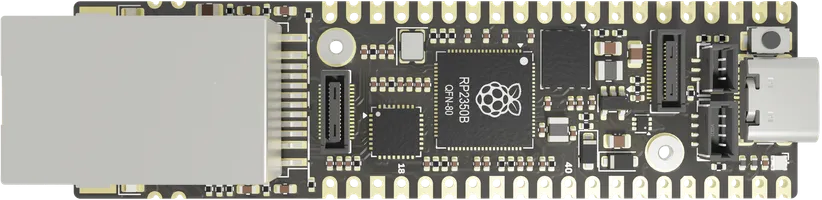 Top view of the Pluto E board, turned on its side